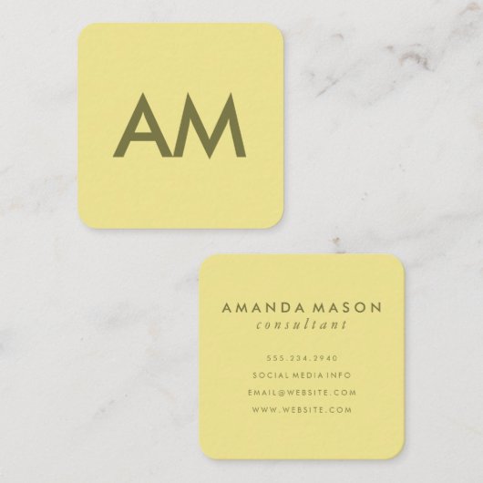 Minimalistisch monogram geel vierkante visitekaartje (Voorkant / Achterkant)