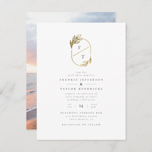 Minimalistisch monogram | Gold Wreath Weddenfoto Uitnodiging Briefkaart (Voorkant / Achterkant)