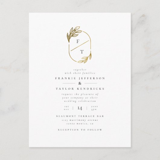 Minimalistisch monogram | Gold Wreath Weddenfoto Uitnodiging Briefkaart (Voorkant)