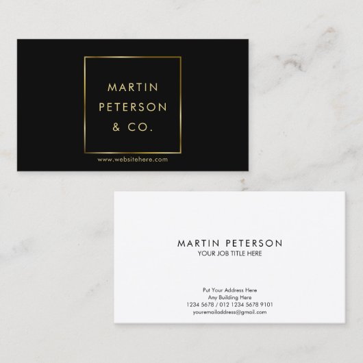 Minimalistisch monogram | Gouden Vierkant Lijst op Visitekaartje (Voorkant / Achterkant)