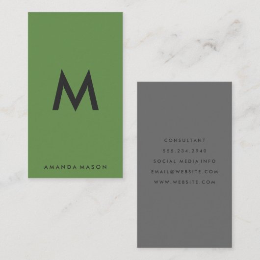 Minimalistisch monogram grijs groen visitekaartje (Voorkant / Achterkant)