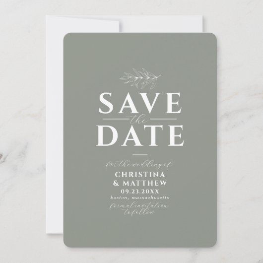 Minimalistisch Monogram Groene Sage QR Code Save The Date (Voorkant)