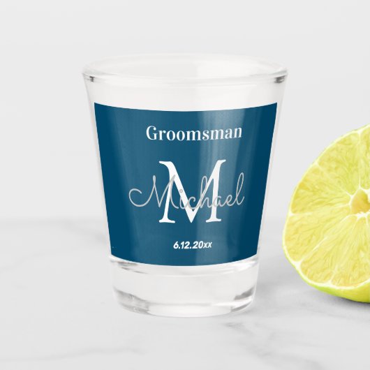 Minimalistisch monogram Groomsmen Blauw Wit Shot Glas (Voorkant)