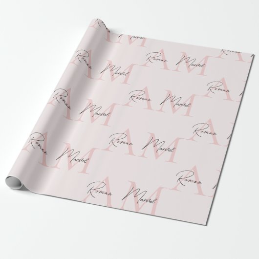 Minimalistisch Monogram Initiaal & Naam Pastel Roz Cadeaupapier (Uitgerold)