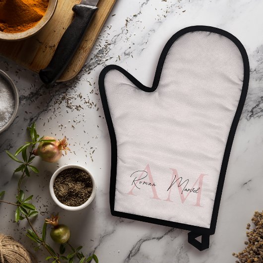 Minimalistisch Monogram Initiaal & Naam Pastel Roz Ovenwant & Pannenlap Set