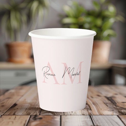 Minimalistisch Monogram Initiaal & Naam Pastel Roz Papieren Bekers