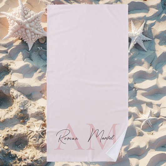 Minimalistisch Monogram Initiaal & Naam Pastel Roz Strandlaken