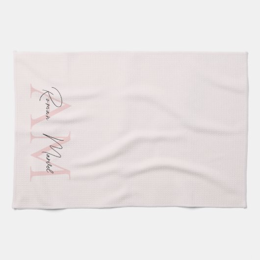Minimalistisch Monogram Initiaal & Naam Pastel Roz Theedoek (Horizontaal)