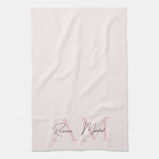 Minimalistisch Monogram Initiaal & Naam Pastel Roz Theedoek (Verticaal)