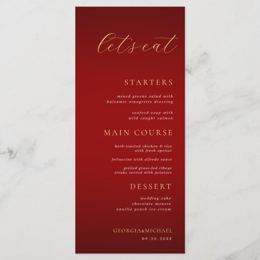 Minimalistisch Monogram Let's Eat Red & Gold Bruil Menu (Voorkant)