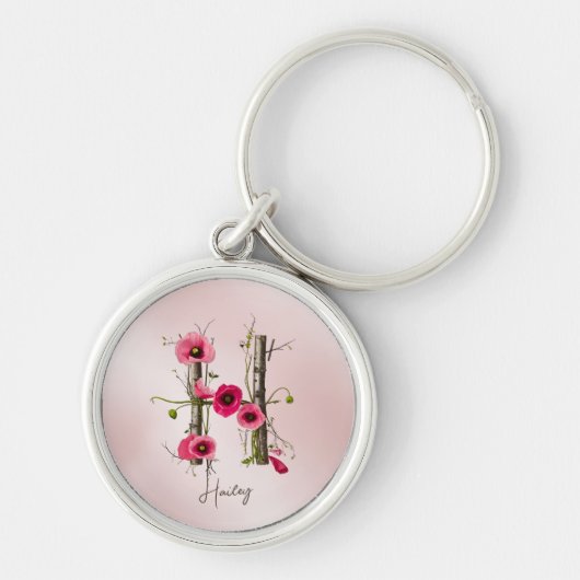 Minimalistisch Monogram Letter H met Poppies & Vin Sleutelhanger (Voorkant)