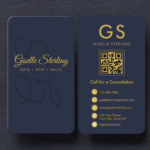 Minimalistisch Monogram Marine Blauw Goud QR Busin Visitekaartje