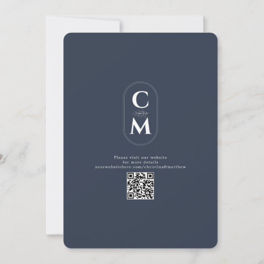 Minimalistisch Monogram Marine Blauw QR Code Save The Date (Achterkant)