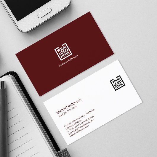 Minimalistisch Monogram met Logo op Maroon Visitekaartje