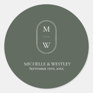 Minimalistisch Monogram Mos Groene Bruiloft Ronde Sticker
