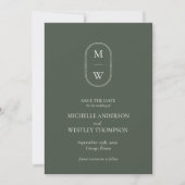 Minimalistisch Monogram Mos Groene Bruiloft Save The Date (Voorkant)