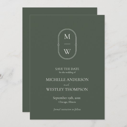 Minimalistisch Monogram Mos Groene Bruiloft Save The Date (Voorkant / Achterkant)