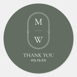 Minimalistisch Monogram Moss Groen Bruiloft Dank u Ronde Sticker