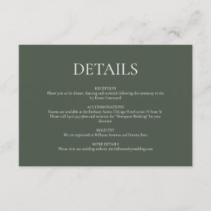 Minimalistisch Monogram Moss Groen Bruiloft Detail Informatiekaartje