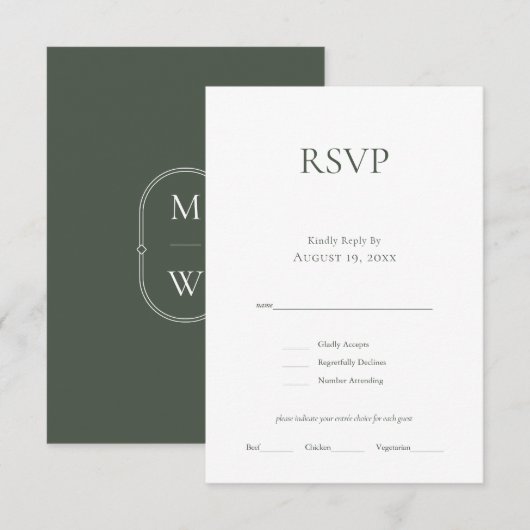 Minimalistisch Monogram Moss Groen Bruiloft RSVP K Kaartje (Voorkant / Achterkant)