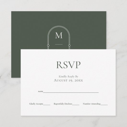 Minimalistisch Monogram Moss Groen Bruiloft RSVP K Kaartje (Voorkant / Achterkant)
