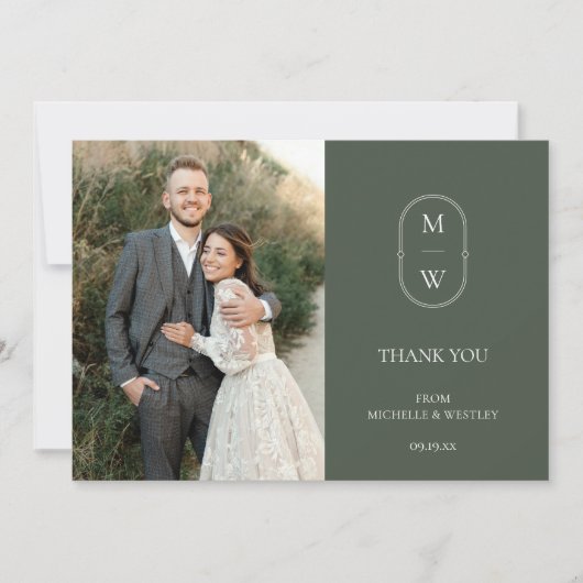 Minimalistisch Monogram Moss Groen Huwelijksfoto Bedankkaart (Voorkant)
