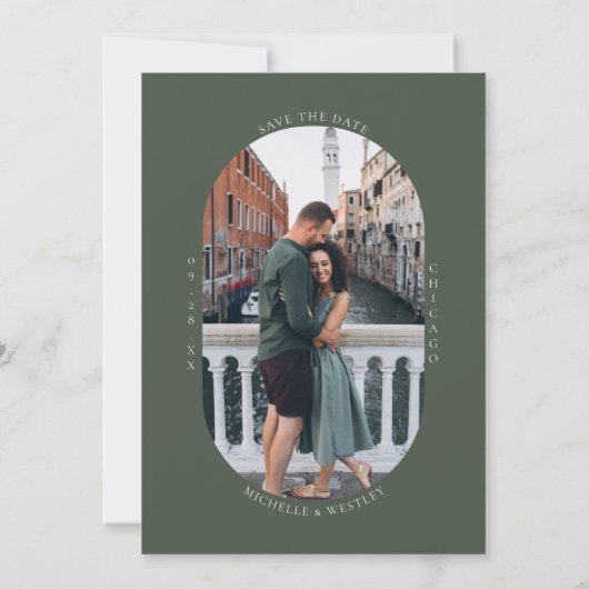 Minimalistisch Monogram Moss Groen Huwelijksfoto Save The Date (Achterkant)