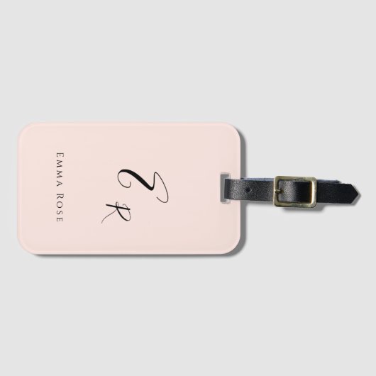 Minimalistisch Monogram Naam Elegant Roze Bagagelabel (Voorkant (horizontaal))