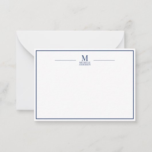 Minimalistisch Monogram Naam Rand Navy & Wit Notitiekaartje (Voorkant)