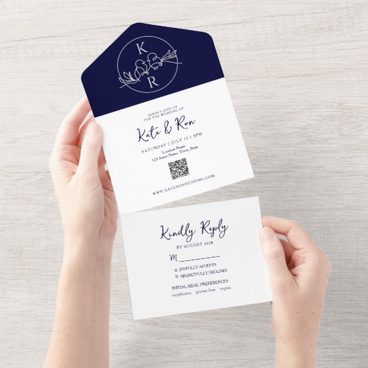 Minimalistisch Monogram Navy Blauwe Trouw All In One Uitnodiging (Afscheurbaar)