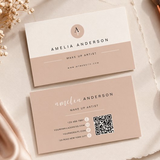 Minimalistisch Monogram Neutraal Beige Qr Code Visitekaartje