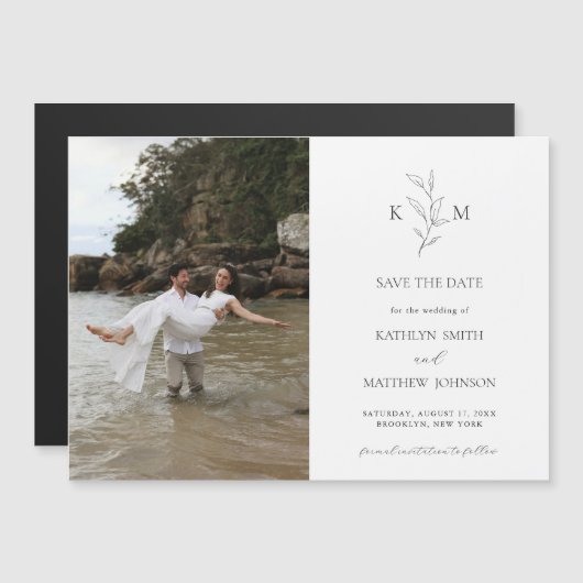 Minimalistisch Monogram Olijfblad Save the Date Magnetische Uitnodiging (Voorkant / Achterkant)
