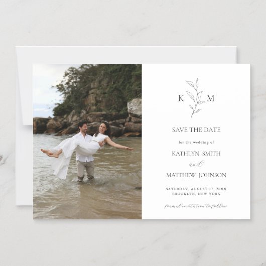 Minimalistisch Monogram Olijfblad Save the Date Magnetische Uitnodiging (Voorkant)