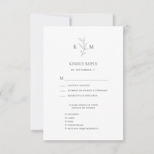 Minimalistisch Monogram Olive Leaf Branch Bruiloft RSVP Kaartje (Voorkant)
