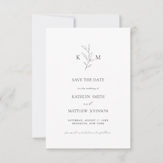 Minimalistisch Monogram Olive Leaf Branch Bruiloft Save The Date (Voorkant)