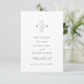 Minimalistisch Monogram Olive Leaf Branch Bruiloft Save The Date (Staand voorkant)