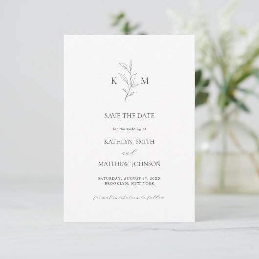 Minimalistisch Monogram Olive Leaf Branch Bruiloft Save The Date (Staand voorkant)