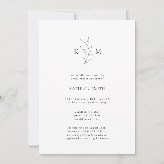 Minimalistisch Monogram Olive Leaf Bridal Brunch Kaart (Voorkant)