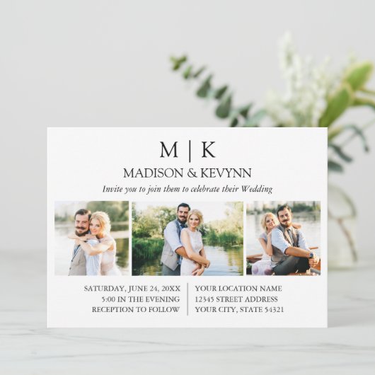 Minimalistisch Monogram QR Code Bruiloft 3 Foto Kaart (Staand voorkant)