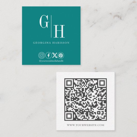 Minimalistisch Monogram QR Code Teal Vierkante Visitekaartje (Voorkant / Achterkant)