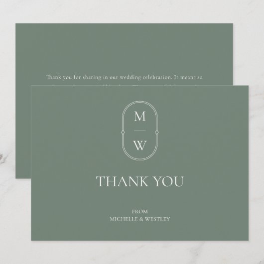 Minimalistisch Monogram Sage Green Wedding Bedankkaart (Voorkant / Achterkant)