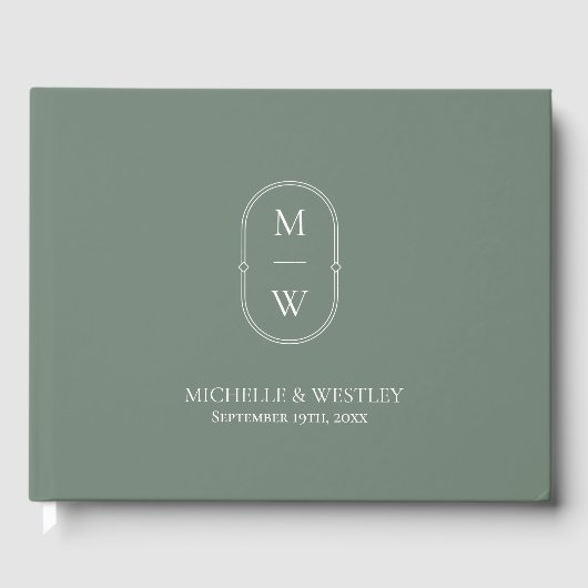 Minimalistisch Monogram Sage Green Wedding Gastenboek (Voorkant)