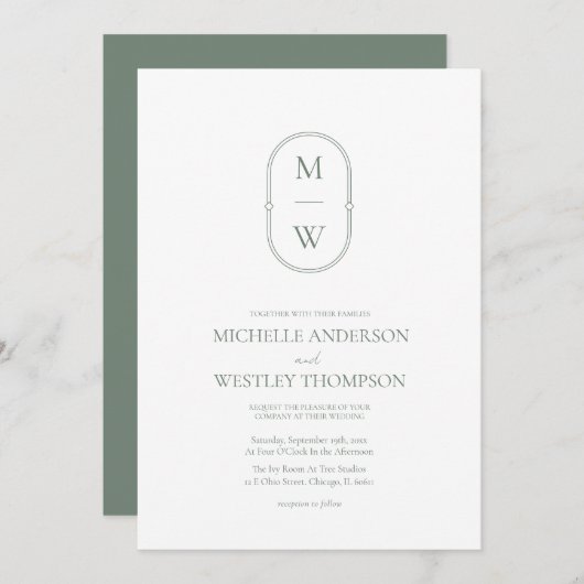 Minimalistisch Monogram Sage Green Wedding Kaart (Voorkant / Achterkant)