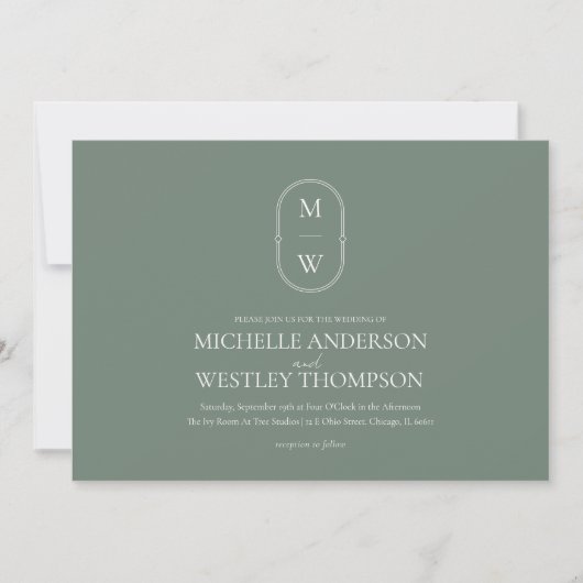 Minimalistisch Monogram Sage Green Wedding Kaart (Voorkant)
