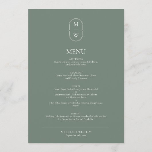 Minimalistisch Monogram Sage Green Wedding Menu (Voorkant)
