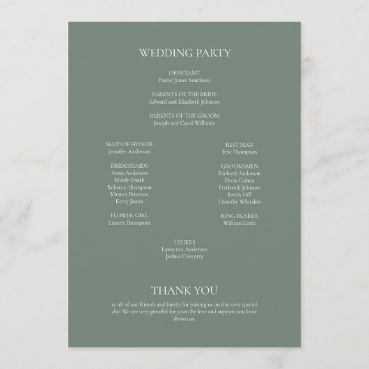 Minimalistisch Monogram Sage Green Wedding Programmakaart (Achterkant)