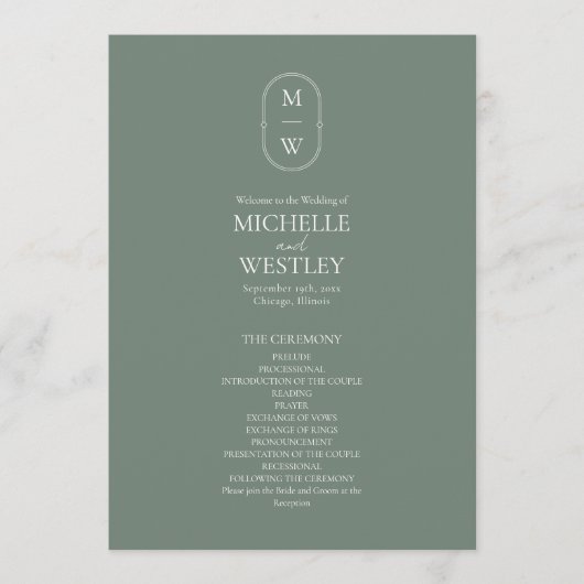 Minimalistisch Monogram Sage Green Wedding Programmakaart (Voorkant)