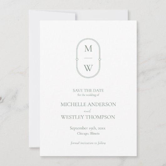 Minimalistisch Monogram Sage Green Wedding Save The Date (Voorkant)