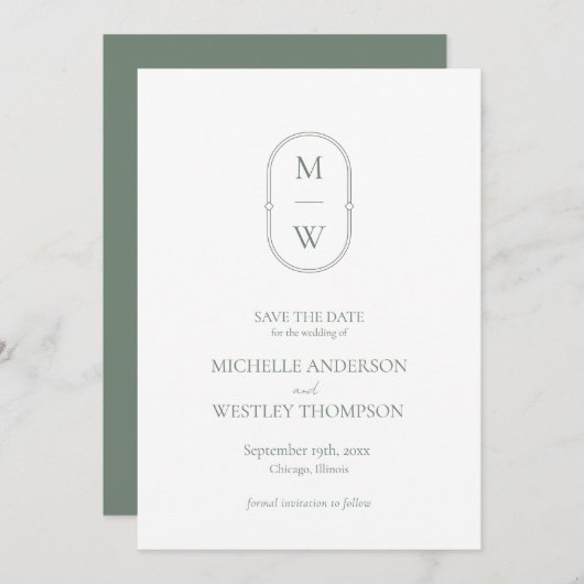 Minimalistisch Monogram Sage Green Wedding Save The Date (Voorkant / Achterkant)