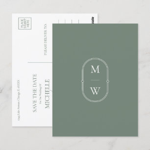 Minimalistisch Monogram Sage Groen Sla de datum op Briefkaart